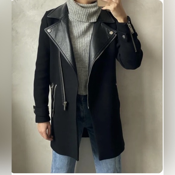 Black Wool Biker Coat with Lambskin Collar - Picture 2 of 9